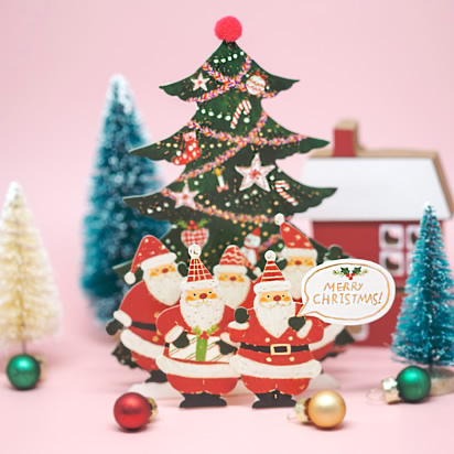 3D 立体 クリスマス カード 【５人のサンタさん】POP UP Xmas ギフト カード クリスマスグリーティングカード 封筒付き ポップアップ